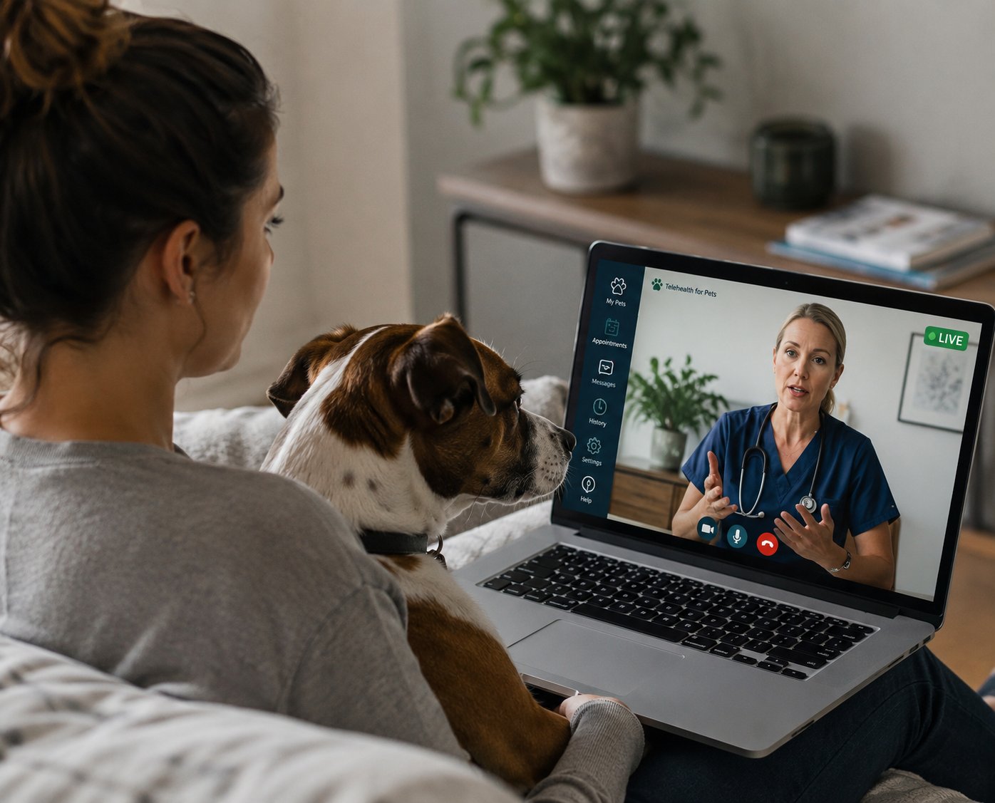 Pet owner and dog on a telehealth call with a veterinarian