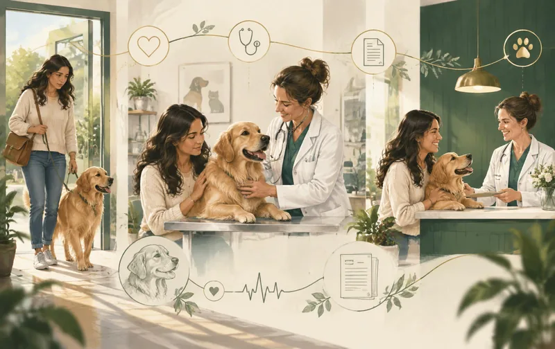 Illustrated care journey showing Luna arriving with her pet parent, receiving veterinary care, and reaching a calm checkout